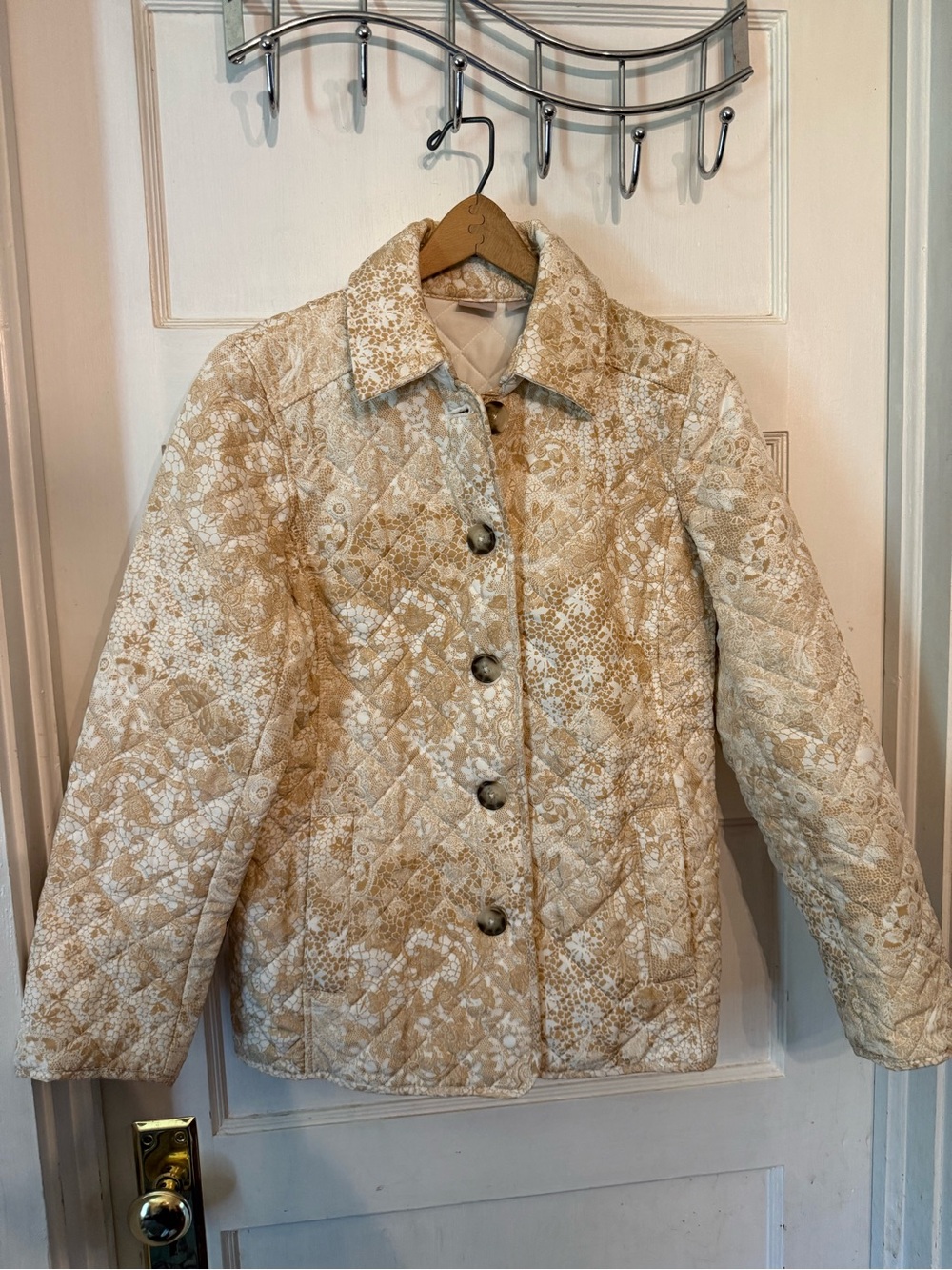 Chico's Quilted Floral-Print Puffer Jacket in Beige and Cream